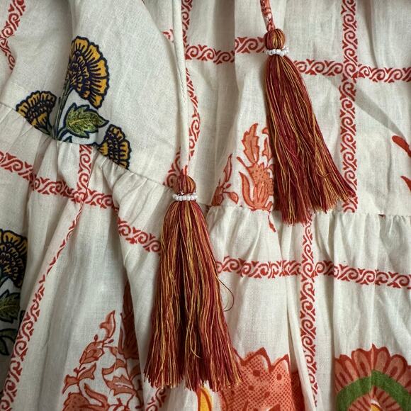 dRA Los Angeles Boho Block Print Cotton Maxi Dress L Floral Peasant Tassel - Picture 7 of 9